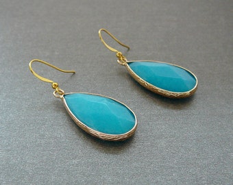 Blue Earrings, Sky Blue Gemstone Earrings, Blue Jade Drop Earings, Blue Wedding Earrings, Jade Jewelry, Gold Earrings for Women Gift for her