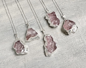 Raw Rose Quartz Necklace, Long Silver Rose Crystal Necklace, Big Rose Quartz Pendant, Rose Quartz Stone Pendant for Women for Man Gift