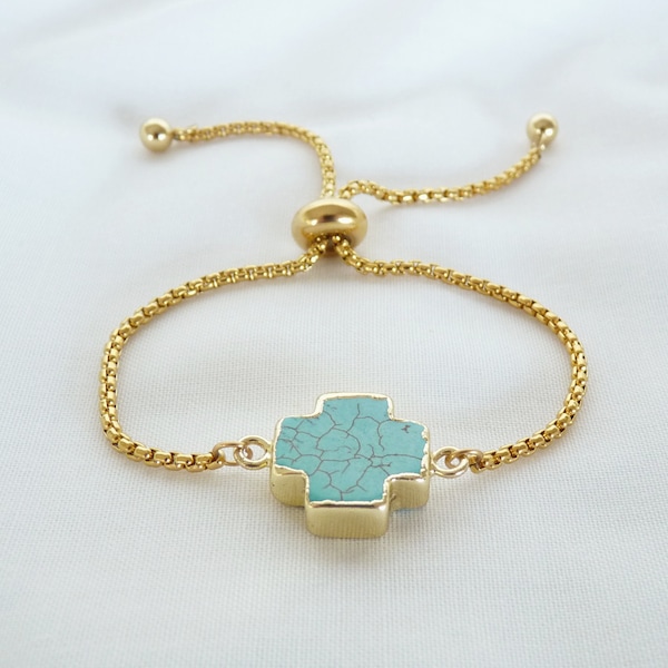 Turquoise Cross Bracelet, Adjustable Gold Bracelet, Slider Bracelet for Women, Turquoise Gold Bracelets, Turquoise Jewelry, Gift for Women
