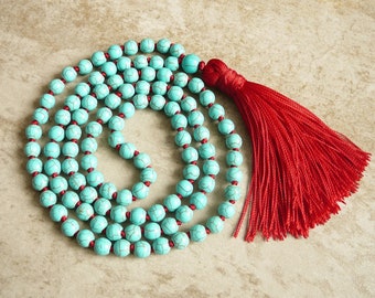Turquoise Mala Necklace Turquoise Howlite 108 Mala Beads Necklace Hand Knotted Mala Yoga Jewelry Red Tassel Mala Bead Spiritual Necklaces