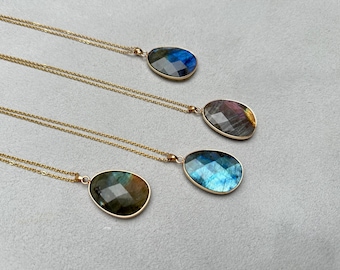 Labradorite Necklace, High Quality Labradorite Pendant, Natural Labradorite Jewelry Facated Blue Purple Rainbow Labradorite Crystal Necklace