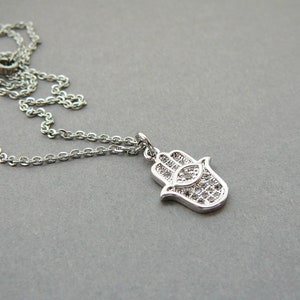 Hamsa Hand Silver Necklace Crystal Hamsa Necklace Hand of Fatima Jewelry Gift Protection Necklace for Women Hamsa Necklace Tiny Hamsa Charm
