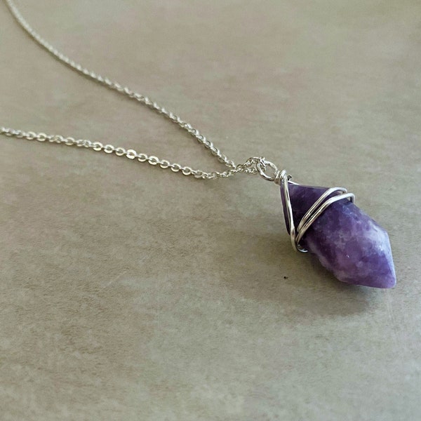 Lepidolite healing crystal pendant on silver necklace/ gift for her/ Healing anti anxiety stress necklace