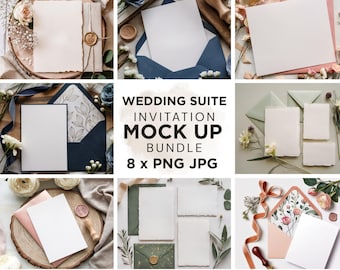 May include: A set of 8 wedding invitation mockups featuring different styles and colors. The mockups include white cards with a variety of floral and foliage accents, as well as envelopes in navy blue, green, and pink. The text "Wedding Suite Invitation Mock Up Bundle 8 x PNG JPG" is displayed in the center of the image.