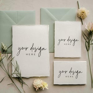 May include: Three white cards with the text "your design here" written in black calligraphy. The cards are arranged on a light beige surface with green envelopes and dried flowers.