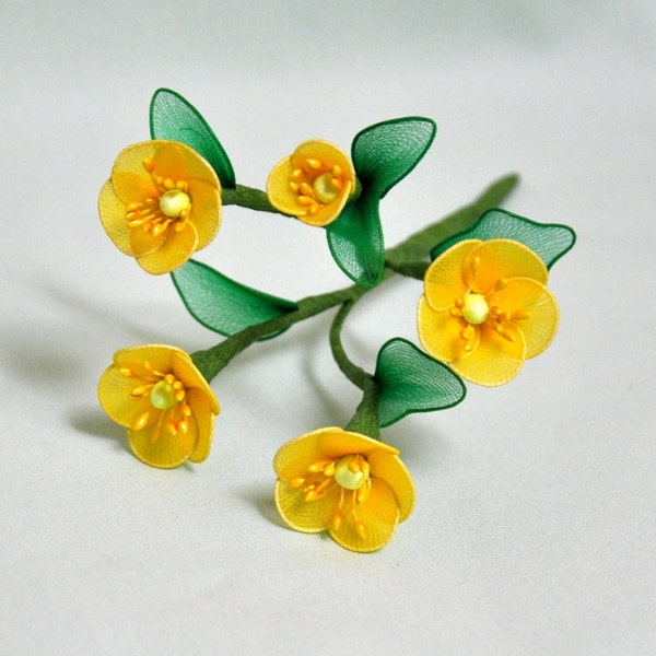 1 stem of buttercup flowers; handmade buttercup, yellow buttercup, unique handmade flower, unique gift, yellow nylon flowers