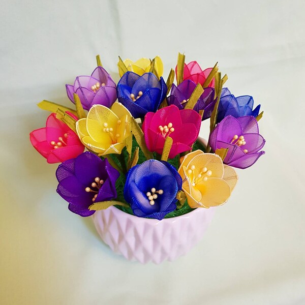 MAY crocus,handmade flowers,crocus flowers,nylon crocus,crocus flower pot,handmade nylon flowers,nylon flowers,unique flower,spring