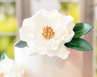 Magnolia Sugar Flower - White with Gold Center - includes 3 leaves - Beautiful Wedding Cake Topper