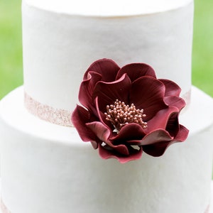 Burgundy and Rose Gold Open Rose Sugar Flower Wedding Cake Topper Ready to Ship 4" inches
