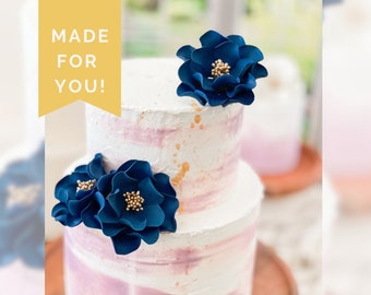 Navy and Gold Open Rose Trio — Sugar Flower Cake Topper