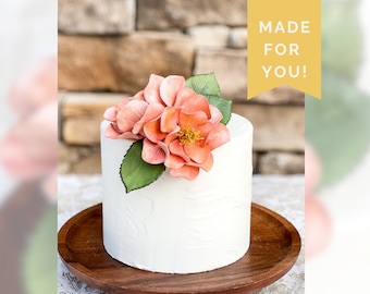 Hand Painted Autumn Pink Cake Topper - Open Rose Sugar Flowers