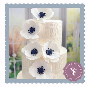 Anemone Wedding Cake Cascade with White and Navy Blue Sugar Flowers