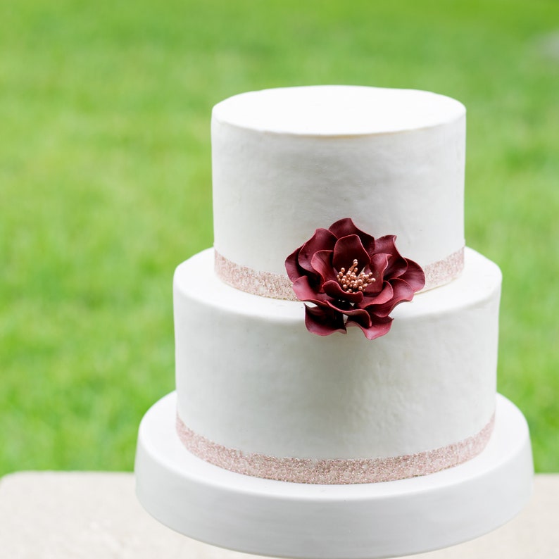 Burgundy and Rose Gold Open Rose Sugar Flower Wedding Cake Topper Ready to Ship 2.5" inches