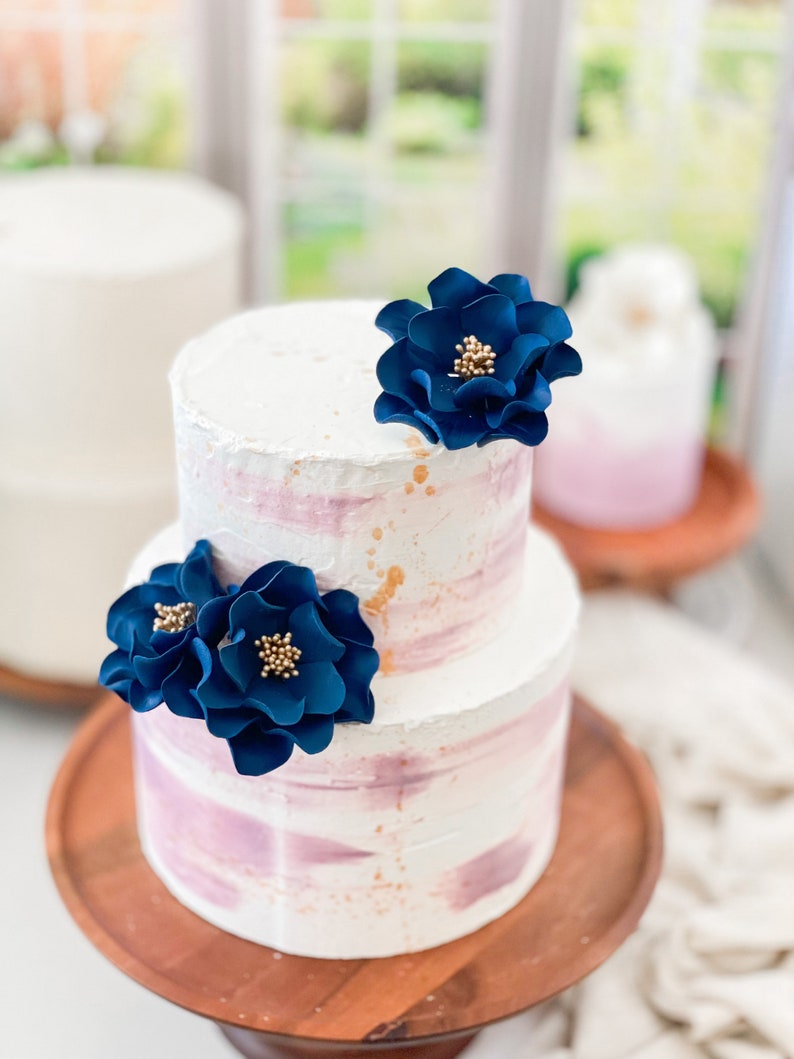 Navy and Gold Open Rose Trio Sugar Flower Cake Topper image 2