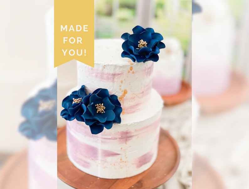 Navy and Gold Open Rose Trio Sugar Flower Cake Topper image 1