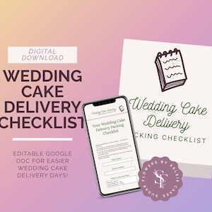 May include: A digital download checklist for wedding cake delivery. The checklist is displayed on a smartphone screen and includes sections for customer name, order details, delivery date and time, and other important information. The checklist is titled "Your Wedding Cake Delivery Packing Checklist".