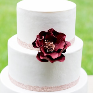 Burgundy and Rose Gold Open Rose Sugar Flower Wedding Cake Topper Ready to Ship 3.25" inches