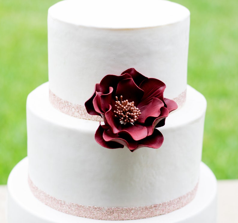 Burgundy and Rose Gold Open Rose Sugar Flower Wedding Cake Topper Ready to Ship 3.25" inches