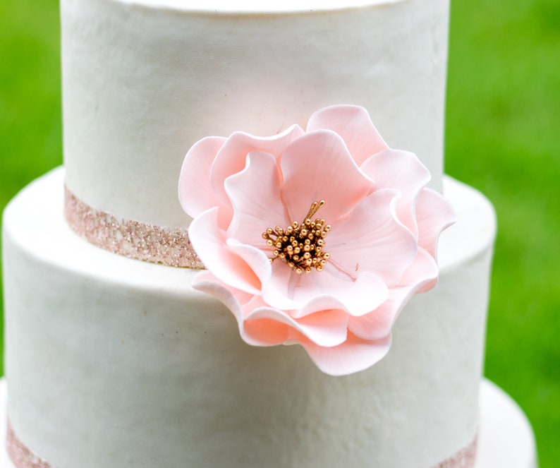 Large Blush and Gold Open Rose Sugar Flower Bridal Shower Cake Topper image 5