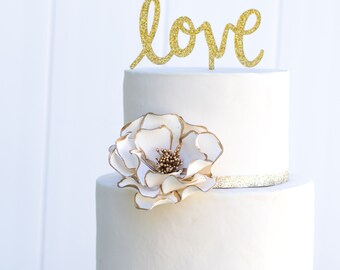 Extra Large White and Gold Open Rose Sugar Flower with Gold Edging - Wedding Cake Topper - READY TO SHIP