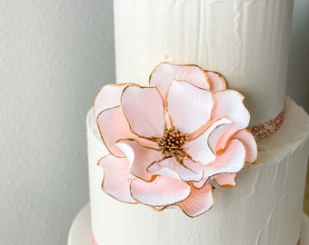 Blush and Gold Open Rose Sugar Flower with Gold Edging - Wedding Cake Topper - READY TO SHIP