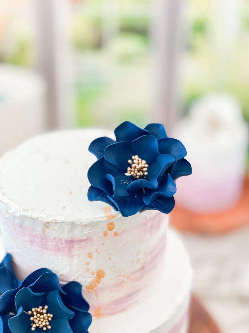 Navy and Gold Open Rose Trio Sugar Flower Cake Topper image 7