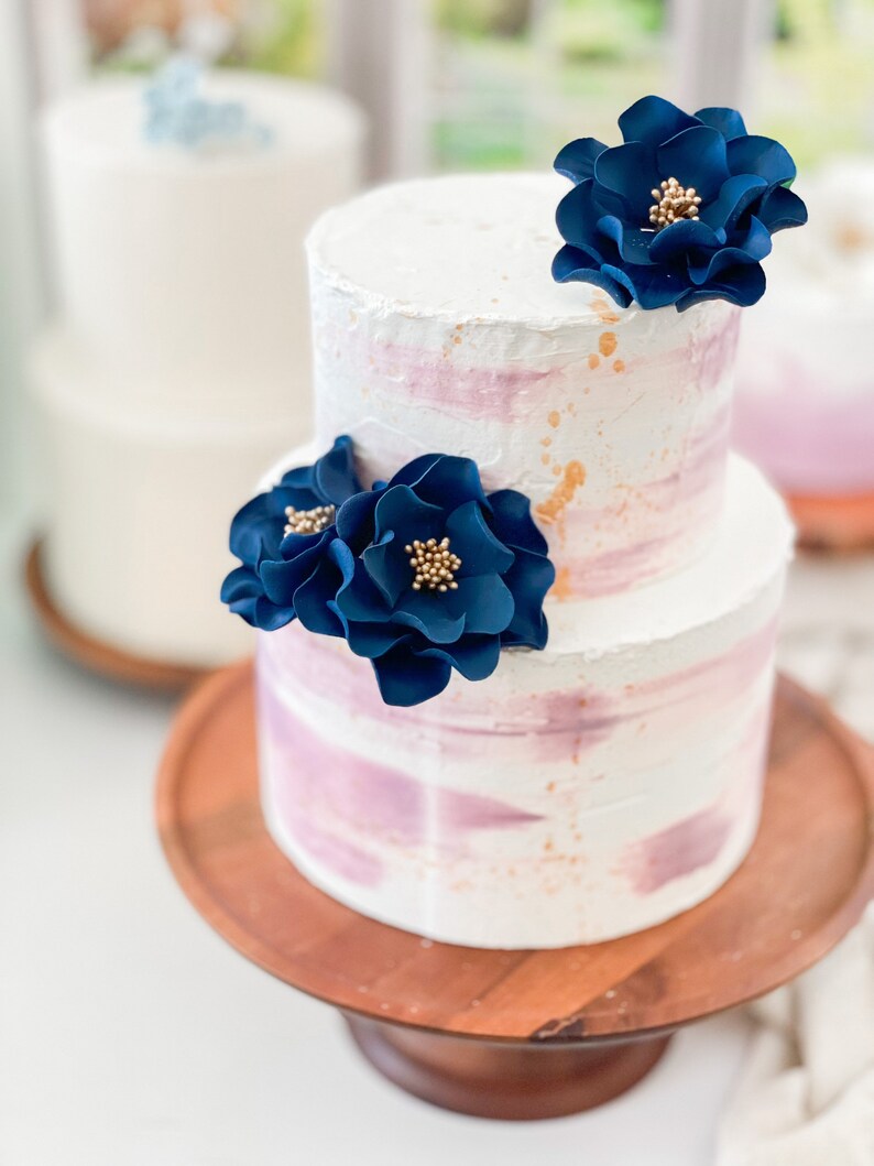 Navy and Gold Open Rose Trio Sugar Flower Cake Topper image 6