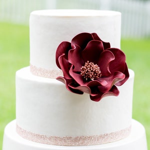 Burgundy and Rose Gold Open Rose Sugar Flower Wedding Cake Topper Ready to Ship 5" inches