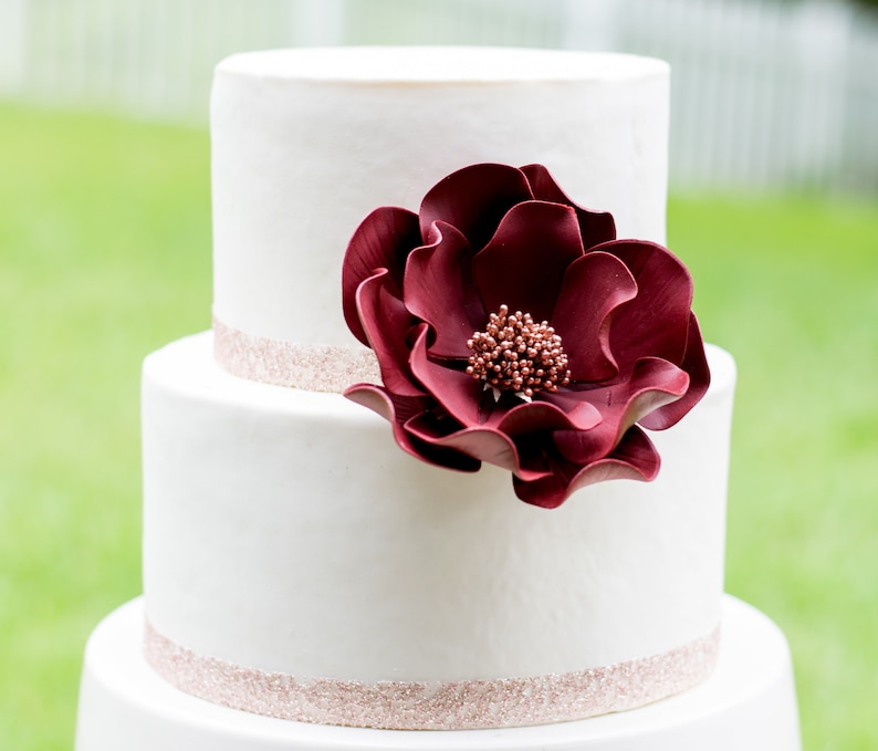 Burgundy and Rose Gold Open Rose Sugar Flower Wedding Cake Topper Ready to Ship 5" inches