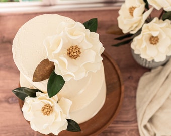 Magnolia Sugar Flower - White with Gold Center - includes 3 leaves - Cake Topper