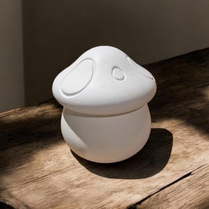 May include: White ceramic trinket box shaped like a mushroom, with a smooth, rounded surface. The box has a lid with a raised, textured design.