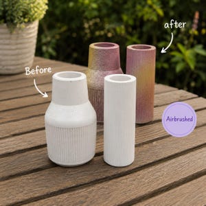 May include: Four cylindrical vases with ribbed textures. Two vases are plain white, while two are airbrushed with a gradient of pink, yellow, and purple. Text labels include Before, after, and Airbrushed, indicating the transformation process.