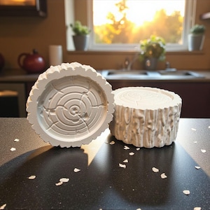 May include: Two white, tree-stump-shaped decorative items. One is a lid, and the other is a cylindrical base. The lid has a scalloped edge and a circular design. The base has a textured, bark-like exterior. They are on a black surface.