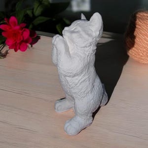 May include: A white cat ornament in a praying pose. The cat is standing upright with its paws together. A red flower and a ball of yarn are in the background. The ornament has a textured surface.