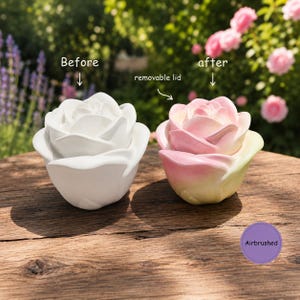 May include: Two rose-shaped containers with removable lids. The left container is solid white, while the right container is airbrushed with soft pink and yellow gradients. Text labels indicate 'Before', 'after', 'removable lid', and 'Airbrushed'.