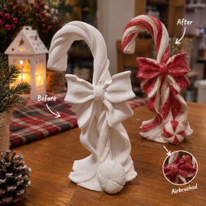 May include: Two candy cane figurines with bows and peppermint candies at the base. One figurine is plain white, labelled Before, and the other is painted with red and white stripes, labelled After. A small circular inset shows an airbrushed detail.