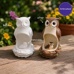 May include: Two owl figurines, one plain white and one brown with painted details, each featuring a large owl perched above a smaller removable owl inside a nest. Text labels include Before, after, removable, and Airbrushed in a purple circle.