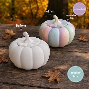 May include: Two pumpkin-shaped trinket boxes. One is plain white, labelled 'Before'. The other is airbrushed in pastel colours with gold moon and star accents, labelled 'after' and 'removable top'. The text 'Airbrushed' and 'trinket box' are also visible.