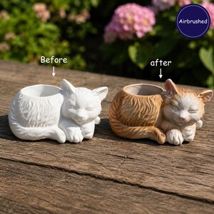 May include: Two cat-shaped planters are displayed side-by-side. The left planter is plain white, labelled 'Before'. The right planter is airbrushed with orange and brown fur details, labelled 'after'. Both feature a sleeping cat design.