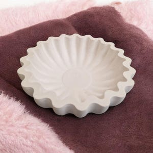 May include: A white ceramic bowl with a scalloped edge. The bowl has a fluted design and is sitting on a pink and brown fluffy surface.