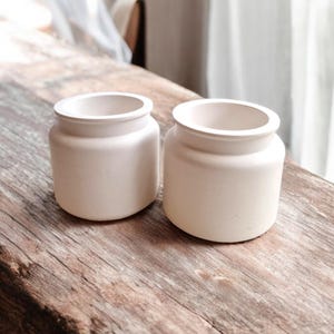 May include: Two white ceramic planters with a rounded shape and a slightly flared lip. The planters are sitting on a rustic wooden surface.