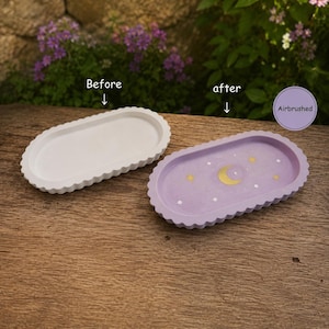 May include: Two oval scalloped trays. The left tray is plain white. The right tray is light purple with a gold crescent moon, gold stars, and small white square accents. Text labels read Before, after, and Airbrushed in a purple circle.