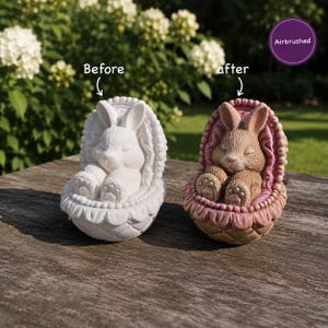 May include: Two rabbit figurines in round baskets. The left one is plain white, labelled 'Before'. The right one is airbrushed in brown and pink, labelled 'after'. Both feature a sleeping rabbit with textured fur and paws resting in a basket.