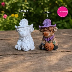 May include: Two highland cow figurines, one plain white and one airbrushed with brown fur, a purple hat with a spiderweb design, a purple collar, and an orange jack-o'-lantern pumpkin. The text "Before" and "after" appears above each figurine.