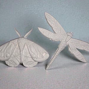 May include: Two white insect sculptures: a moth and a dragonfly. The moth features detailed wing patterns and antennae. The dragonfly has intricate wing designs and a slender body. Both are made of a solid, opaque material.
