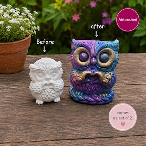 May include: A set of two owl figurines, one plain white and one airbrushed with a purple, blue, and gold finish. The text labels include Before, after, Airbrushed, and comes as set of 2. The figurines feature detailed feather textures and large eyes.