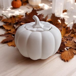 May include: White ceramic pumpkin shaped container with a lid. The container is sitting on a wooden surface with fall leaves scattered around it.