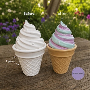 May include: Two 2-piece ice cream cone figurines. The left one is solid white. The right one is airbrushed with pastel purple and mint green swirls. Text labels include Before, after, 2 piece, and Airbrushed. The cones have a textured waffle pattern.