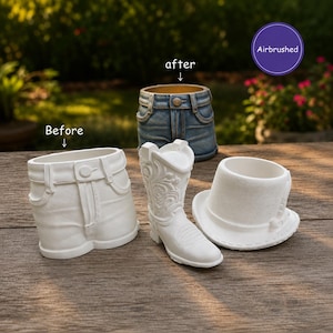 May include: Three white ceramic planters shaped like denim shorts, a cowboy boot, and a top hat, with one blue airbrushed denim shorts planter in the back. The text Before and after is visible, along with the word Airbrushed in a purple circle.