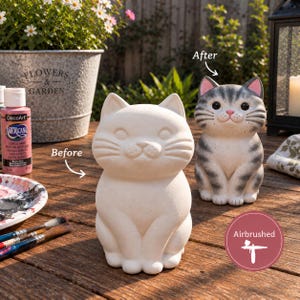 May include: Two cat figurines, one plain white and one painted with grey tabby stripes, pink ears, and a pink nose. The image includes the text Before and After, a bottle of pink acrylic paint, paintbrushes, and a circular Airbrushed icon.